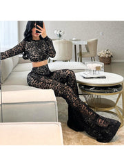 Lace Floral Cropped Sheer Fitted Pant Sets