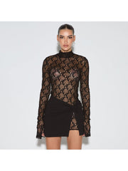 Lace Sheer Bodysuit Ruched Knot Skirt Sets