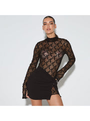 Lace Sheer Bodysuit Ruched Knot Skirt Sets