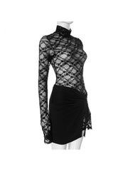 Lace Sheer Bodysuit Ruched Knot Skirt Sets