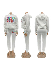 Contrast Color Letter Print Hooded Pant Sets