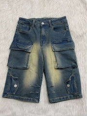 Distressed Denim Multi Pocket Cargo Shorts