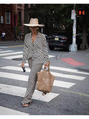 Colorblock Striped Lapel Shirt Pant Sets