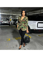 Camo Printed Buckle Lapel Coats With Belt