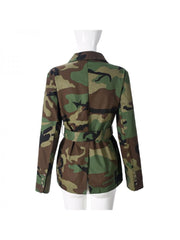 Camo Printed Buckle Lapel Coats With Belt