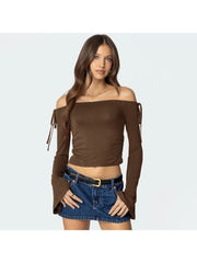 Ruched Off Shoulder Lace Up Cropped Tops