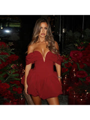 Off Shoulder V Neck Bubble Mini Dress