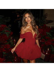 Off Shoulder V Neck Bubble Mini Dress