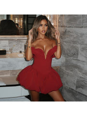 Off Shoulder V Neck Bubble Mini Dress