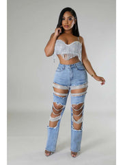 Rhinestone Hollow-out Denim Ripped Jeans