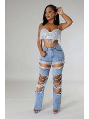 Rhinestone Hollow-out Denim Ripped Jeans