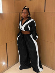 Colorblock Zipper Coat Wide Leg Pant Sets