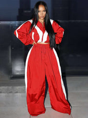 Colorblock Zipper Coat Wide Leg Pant Sets