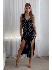 Rhinestones Split Hem Sleeveless Maxi Dress