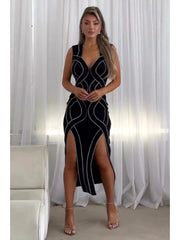 Rhinestones Split Hem Sleeveless Maxi Dress