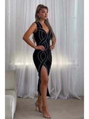 Rhinestones Split Hem Sleeveless Maxi Dress