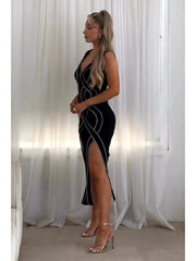 Rhinestones Split Hem Sleeveless Maxi Dress