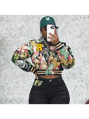 Embroidery Floral Lapel Bomber Jacket