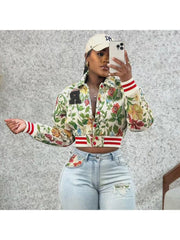 Embroidery Floral Lapel Bomber Jacket