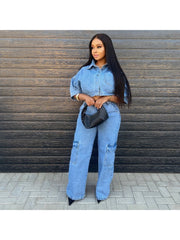 Denim Elbow Sleeve Cropped Shirt Cargo Pant Sets