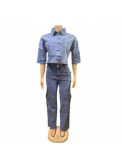 Denim Elbow Sleeve Cropped Shirt Cargo Pant Sets