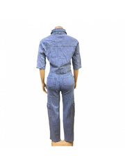 Denim Elbow Sleeve Cropped Shirt Cargo Pant Sets