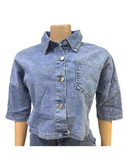 Denim Elbow Sleeve Cropped Shirt Cargo Pant Sets