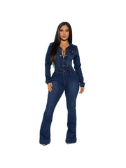 Distressed Lapel Denim Button Up Jumpsuits