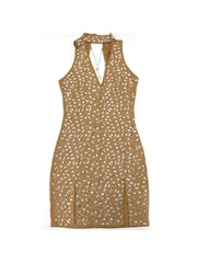 Gorgeous Hotfix Rhinestones Chain Backless Split Sleeveless Mini Dress