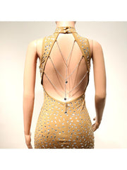 Gorgeous Hotfix Rhinestones Chain Backless Split Sleeveless Mini Dress