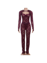 Sheer Hollow-out Bodysuits Pant Sets