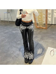 Abstract Printed PU Flare Leg Pants