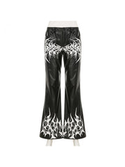 Abstract Printed PU Flare Leg Pants