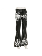 Abstract Printed PU Flare Leg Pants