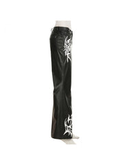 Abstract Printed PU Flare Leg Pants