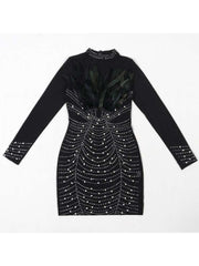 Beading Feather Sheer Rhinestones Mini Dress