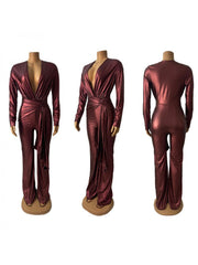 Metallic Knot Deep V Neck Ribbons Jumpsuits