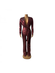 Metallic Knot Deep V Neck Ribbons Jumpsuits