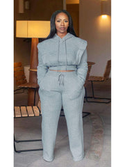 Plain Cropped Hooded Wide Leg Pant Sets