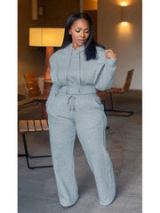 Plain Cropped Hooded Wide Leg Pant Sets