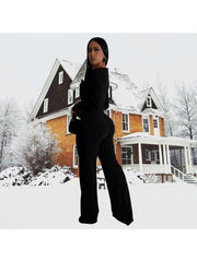 Pure Color Square Neck Long Sleeve Buckle 2pcs Pant Sets