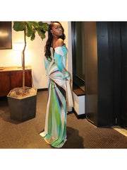 Funky Contrast Color Ruched Off Shoulder Long Sleeve Maxi Dress