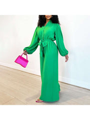 Plain Lantern Sleeve Wide Leg Jumpsuits