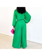 Plain Lantern Sleeve Wide Leg Jumpsuits