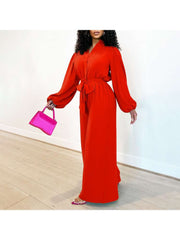 Plain Lantern Sleeve Wide Leg Jumpsuits