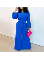 Plain Lantern Sleeve Wide Leg Jumpsuits