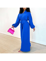 Plain Lantern Sleeve Wide Leg Jumpsuits