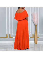 Plain Color Pleated Off Shoulder Maxi Dress