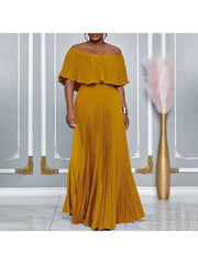 Plain Color Pleated Off Shoulder Maxi Dress