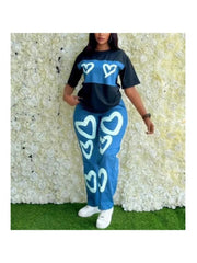 Colorblock Heart Printed Loose Pant Sets